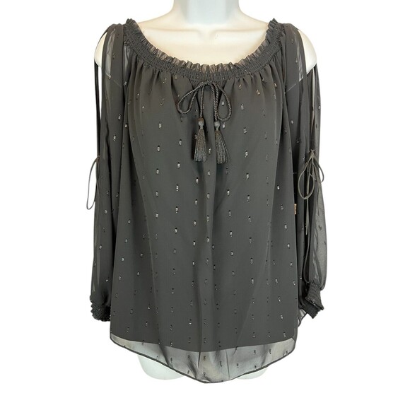 Guess Toya Off-Shoulder Smocked Blouse  S  NWT  Black Shimmer Sheer Lined LS Top - Picture 1 of 9